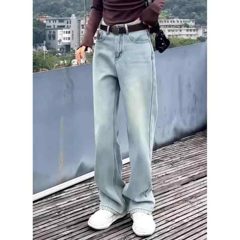 デニム パンツ ボトムス レディース 裏起毛 刺繍 ジーンズ 冬 ハイウエスト スリムフィット ストレート ワイドパンツ ロング 青