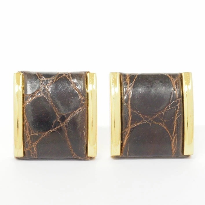 ロエベ スクエア レザーテクスチャー ゴールド×ブラウンカラー クリップタイプ レザー 【イヤリング】