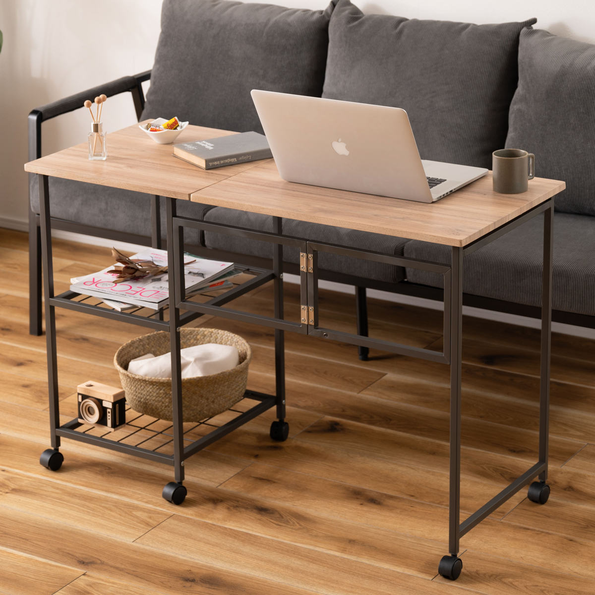 ワークデスク 折りたたみ 幅46cm 107cm ラック2段 キャスター付 バタフライデスク 2way パソコンデスク デスク 机 伸長式 キッチン ラック 収納 棚 コンパクト 省スペース