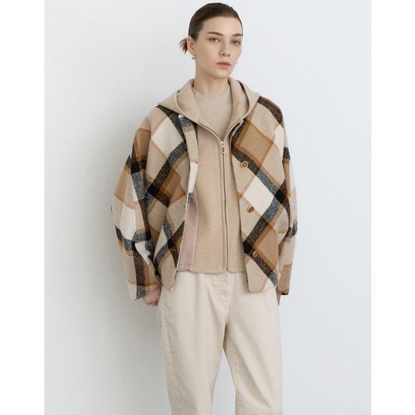 [24FW] [アルパカ] ベージュチェック取り外し可能フード付きベストジャケット DLJA4D911I2