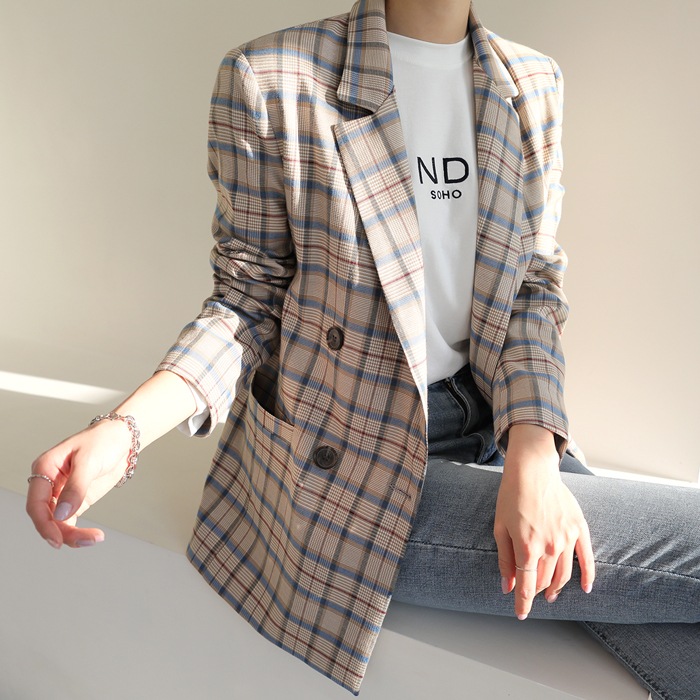 [韓国ファッション] クラシック ダブルボタン チェックジャケット