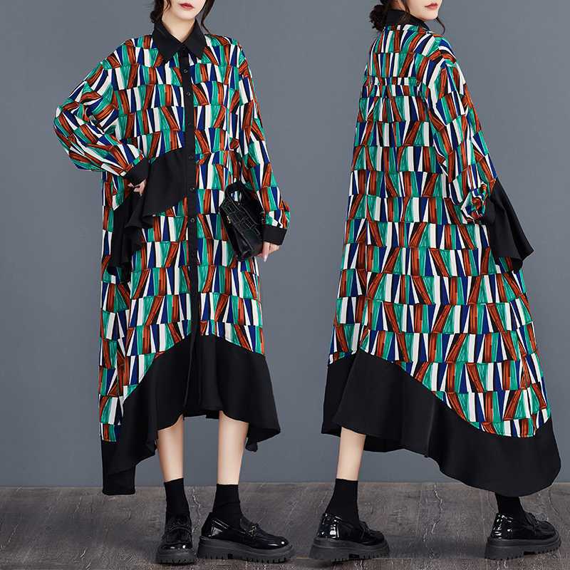 「ファットガール」 2024秋新品 シャツワンピース ドッキング フリル 体型カバー 大きいサイズ レディース 柄ワンピース メガ割30%制限