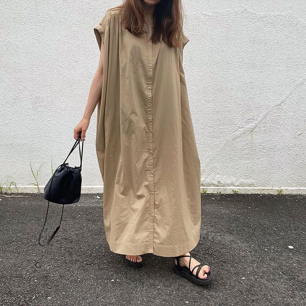 レディース ワンピース シャツワンピ マキシ 半袖 Uネック ラウンドネック オーバーサイズ フェミニン ストリート ボタン かわいい 大人可愛い きれいめ シンプル カジュアル おしゃれ レトロ