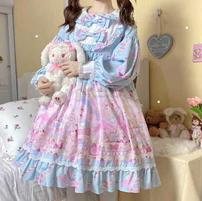 甘いロリータ服 甘ロリ ロリータワンピース 長袖ワンピース 可愛いロリータ服 デザート柄