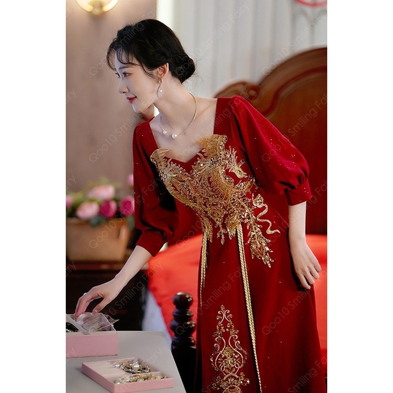 【最安値挑戦】 【期間限定】2023花嫁のワインレッド中国式結婚婚約ロングドレス女性の痩せたサイズの敬酒服-61