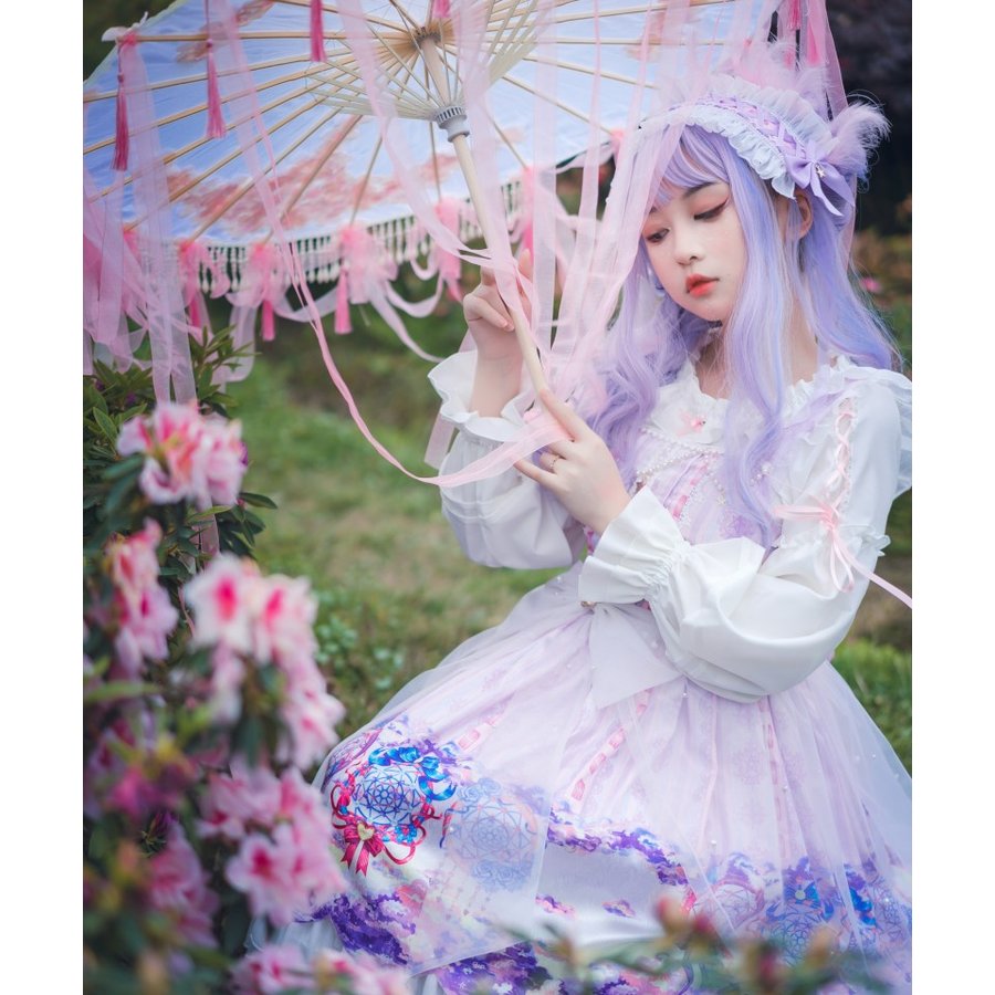 ロリータ ワンピース 長袖 華麗 花模様 魅了 チュール 可愛い オリジナル ゆめかわいい パール ピンク