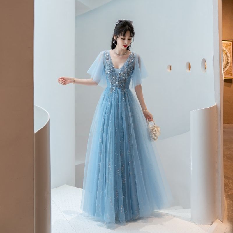 ブライズメイドドレス ブルー刺繍イブニングドレス 宴会気質ブライドメイドドレス 2025年夏 メッシュドレス 5,065円