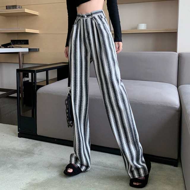 【2025新作入荷】ボトムス パンツ ズボン ストレートジーンズ デニム ロング丈 ワイドレッグ ハイウエスト 秋 冬 グレー 灰色 ストライプ ジッパー ジップ