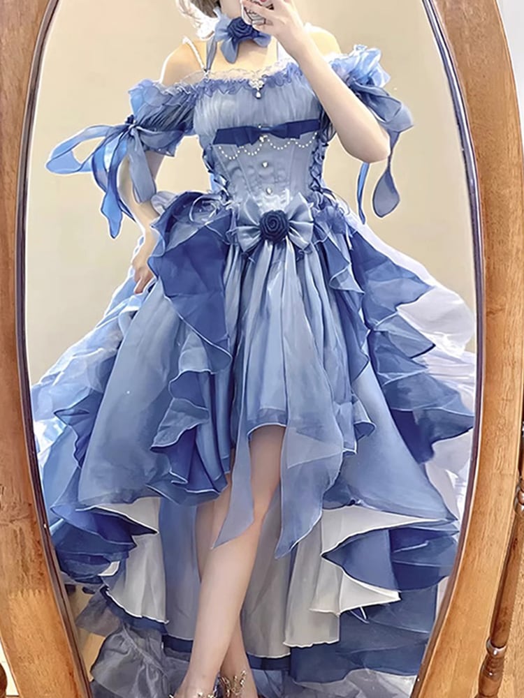 キャミソールワンピースブルードレス ロリータドレス レディース ウェディングドレス ロリータ重工 ふわふわしっぽ逃亡王女ドレス