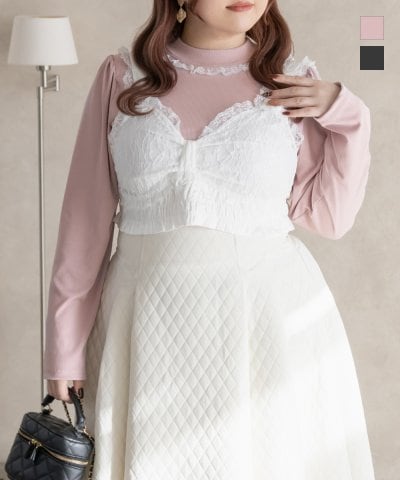 大きいサイズ レディース LL 3L 4L XL XXL XXXL レースリボンビスチェセットプルオーバー