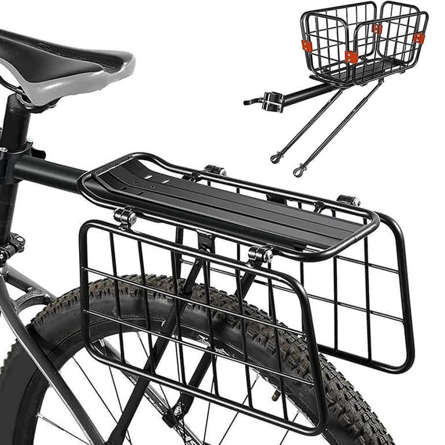 [新品入荷/底値セール]自転車バスケット 汎用タイプ 自転車荷台 耐荷重110KG リアキャリア 荷物ラック 後付け アルミニウム合金素材 籠 変形可能 安定 固定用ゴム紐付き バイクラック