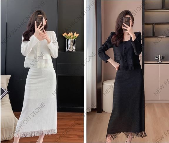 韓国版スクエアネックフリンジレース長袖ワンピースセット-64