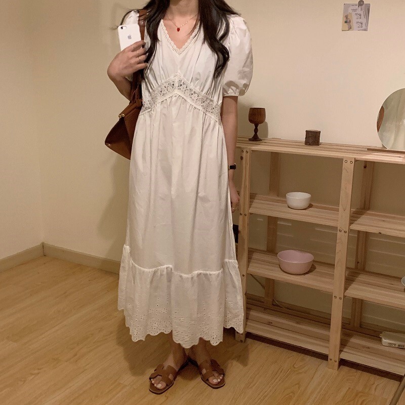 パフスリーブ ワンピ レース かぎ針 かぎ針編み ミディスカート ファッショナブル 女の子 新しい