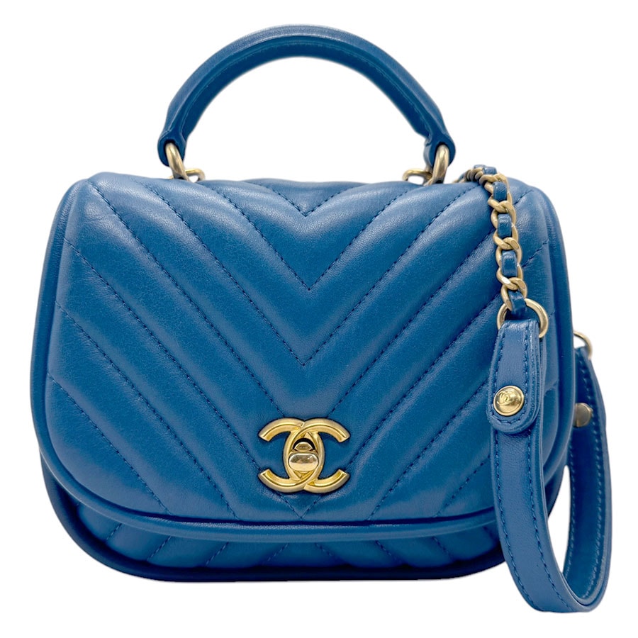 シャネル CHANEL ハンドバッグ 斜め掛けショルダーバッグ Vステッチ レザー ブルー ゴールド レディース n0337