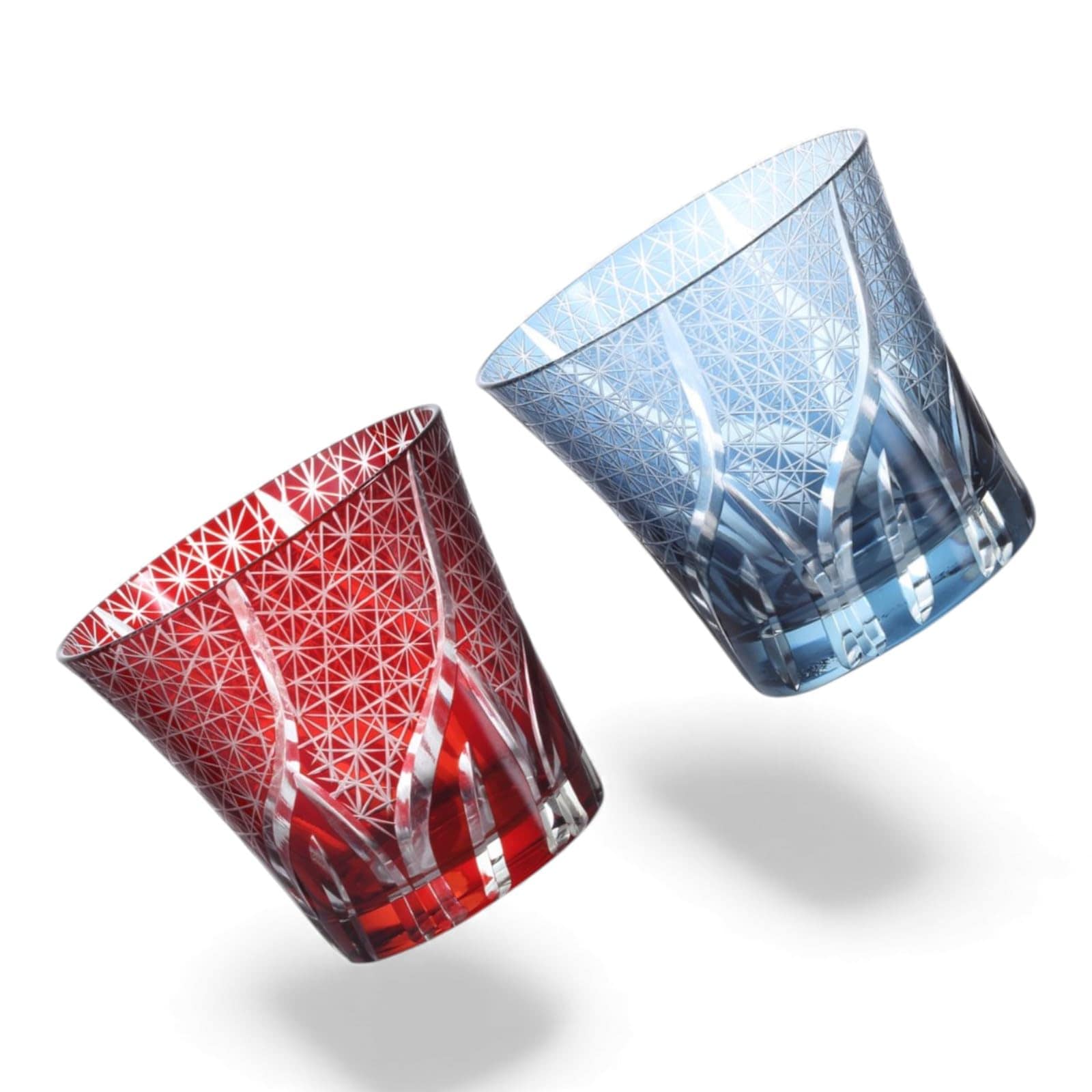 匠美風 ディナー ラグゼ 切子 ペア グラス カップ Φ94xH85mm 240cc 乱彫小紋 レッド & インクブルー 底彫あり 煌雅 PNO.331732