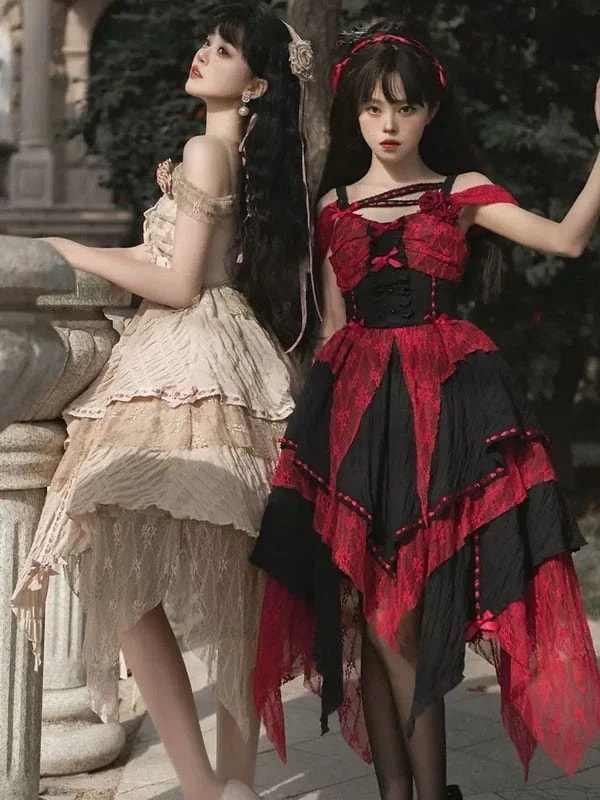 ロリータ ス レディース オフショルダー ハロウィン 可愛い ゴスロリ ロリィタファッション リボン フリル ロリータス レトロ風 プリンセスドレス お姫様 花嫁風 コスム コス