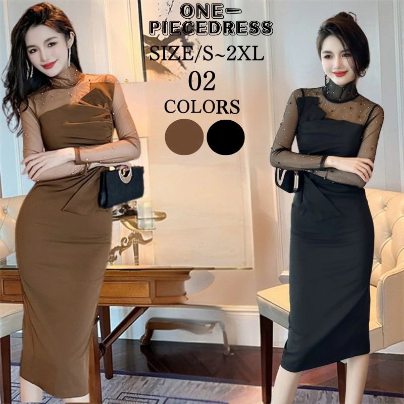 ワンピスドレス　タイトドレス　パーティードレス　フォーマルドレス　リボンディテール　レース長袖　姫系　セクシー上品 大人 きれいめ キャバ嬢　お水　結婚式 20代 30代 40代　茶色　黒色　韓国 フ