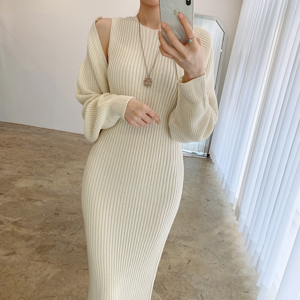 4色 ワンピース 長袖 秋冬 きれいめ ロング ニット ワンピ タイトワンピース ミモレ ミモレ丈 ロング ロング丈 アンクル丈 7分丈 ミディアム丈 ミドル丈 レギュラー丈 ぽわん袖 ボリューム袖