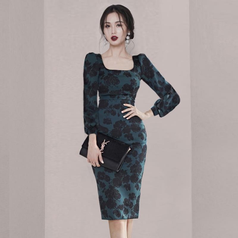 レディース ワンピース 膝丈 ひざ丈 半袖 長袖 スクエアネック スリム タイト ハイウエスト