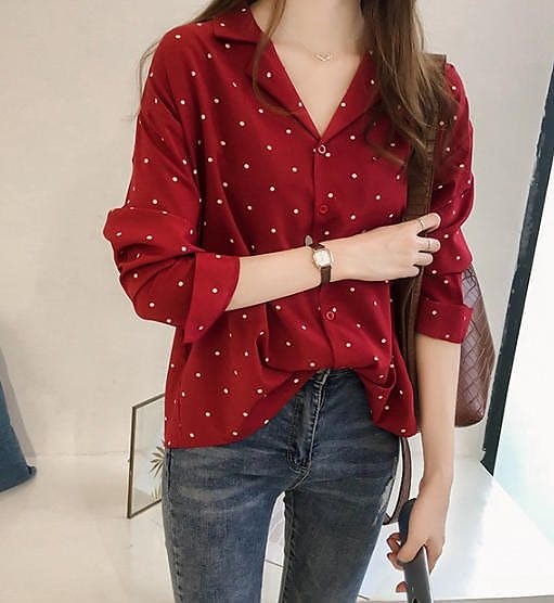 韓国 ファッション 2色 ドット柄 シャツ トップス Vネック シフォン ゆったり 大きいサイズ シ