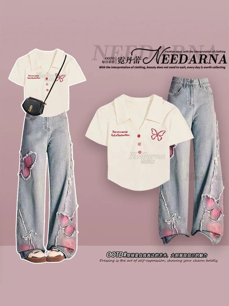 【送料無料】初春の甘可愛いスーツシックなトップス甘辛サマーワンピースとクールでクールなデニムワイドパンツのレディースセット 母の日のプレゼント