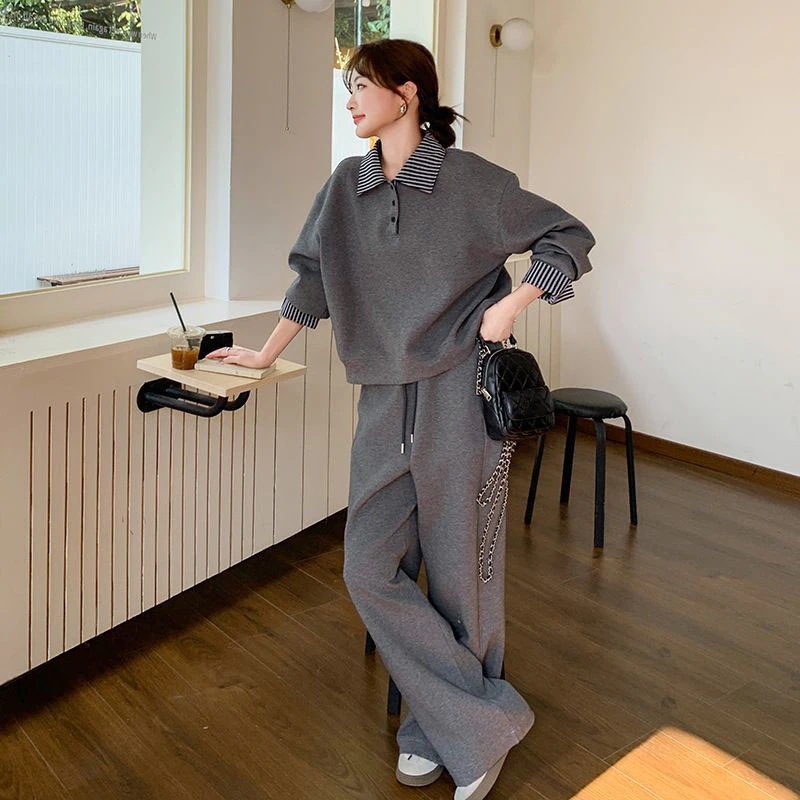 春秋新しい 長袖 ポロシャツ/ワイドパンツ 2点セット カジュアル パーカー セットアップ レディース ゆったり 着痩せ スポーツ 上下セット