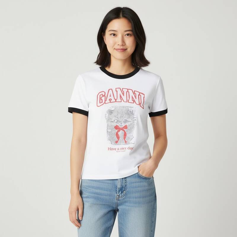 ガニ 26SS ベーシックコットンジャージー マーゴ・キティプリント 半袖レディースTシャツ A1050030 151