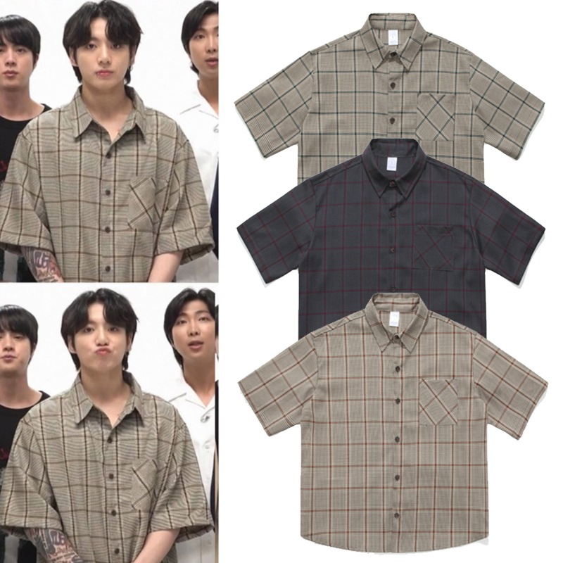 btsジョングク着用 ハウンドトゥースチェック半袖シャツ HSS2207
