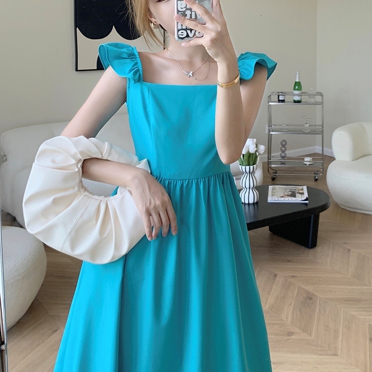 ワンピース ロングワンピース ノースリーブワンピース スクエアネック ウエストマーク 背中開き バックリボン ロング丈 かわいい 大人可愛い きれいめ シンプル 上品 おしゃれ 大人女子 こなれ感