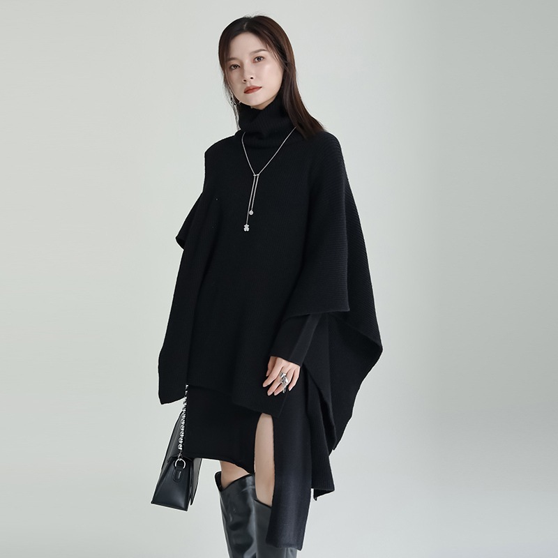 2点セット ニットワンピース 長袖 ラウンドネック ミディアム丈 ニットソー 5分袖 カットアウトデザイン タートルネック アシンメトリー かわいい 大人可愛い きれいめ シンプル カジュアル 大人