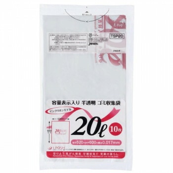 ジャパックス 容量表示入ポリ袋20L ピンクリボン 白半透明 10枚x60冊 TSP20