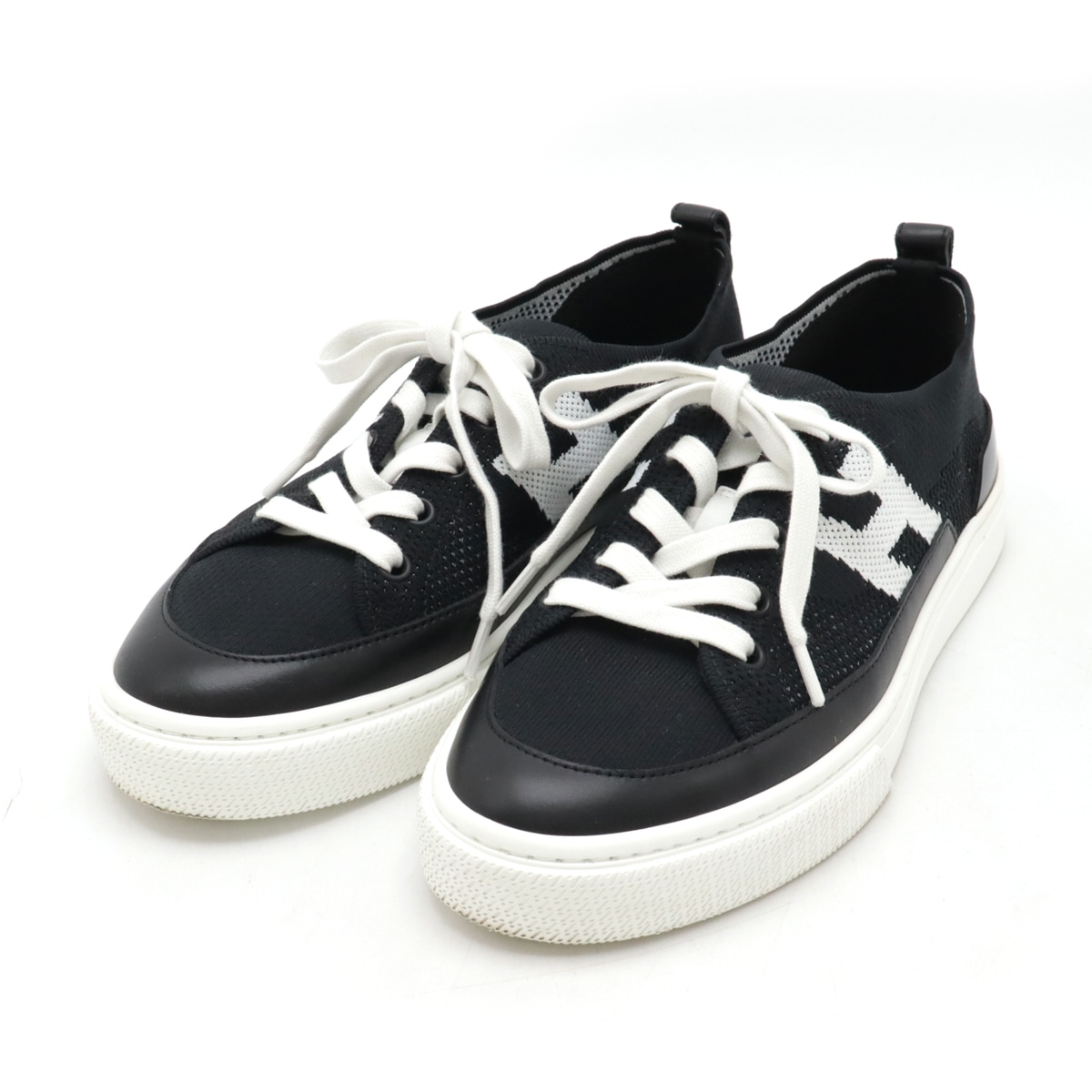 ディープ スニーカー シューズ 靴 ローカット Hロゴ ニット カーフ ブラック 黒 ホワイト #37.5 日本サイズ約24cm-24.5cm H231020