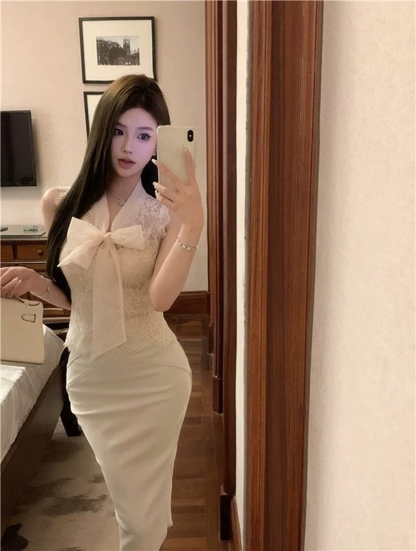 韓国デザイン感リボンレースノースリーブベストトップス夏セクシースーツハイウエストバッグヒップスカー