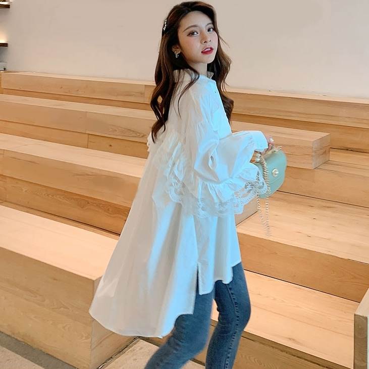 シャツ ブラウス ワンピース 長袖 ホワイト ブラック レディース マタニティ― 大きいサイズ オーバーサイズ 春 秋 トップス ブルーデニム レース ロングテール ビッグシルエット ボタン 個性的