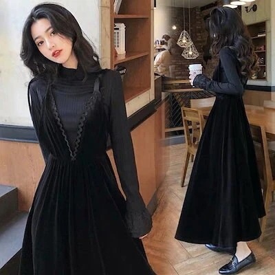 ワンピースセットアップ レディース 秋冬新作 長袖トップス ベルベットキャミワンピース 黒 サロベッ今日は30パーセント