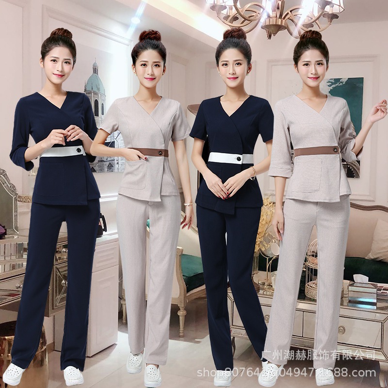 美容室 美容師 作業服 女性 ペディキュアショップ 技術者 ユニフォーム 半袖スーツ マッサージ マッサージ師 服 ファッション
