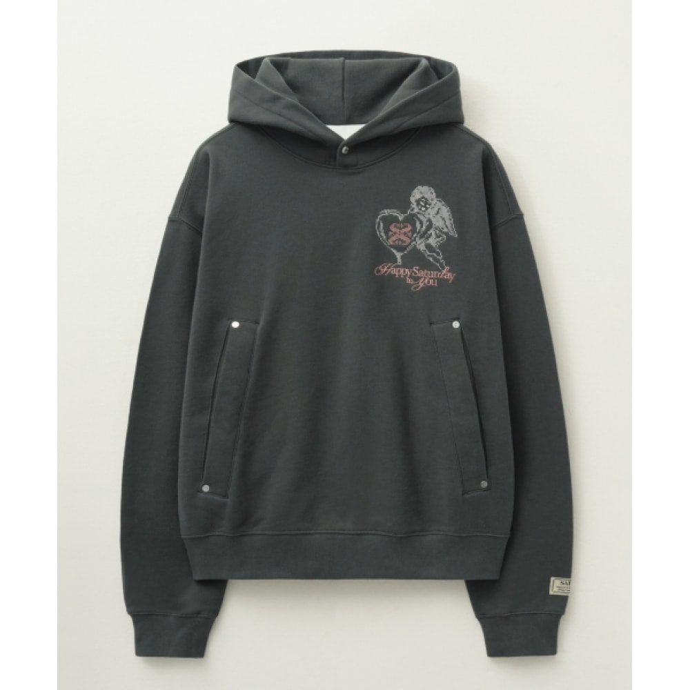 SATUR エンジェルクロスステッチ起毛フード付き T シャツチャコール