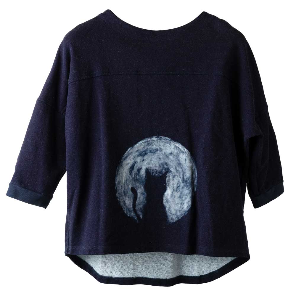 百道発信　菜　裏パイルプルオーバー　濃インディゴ　ねこ　8分袖　フリーサイズ　藍染ルームウェア　福岡県の快適リラクシングウェア