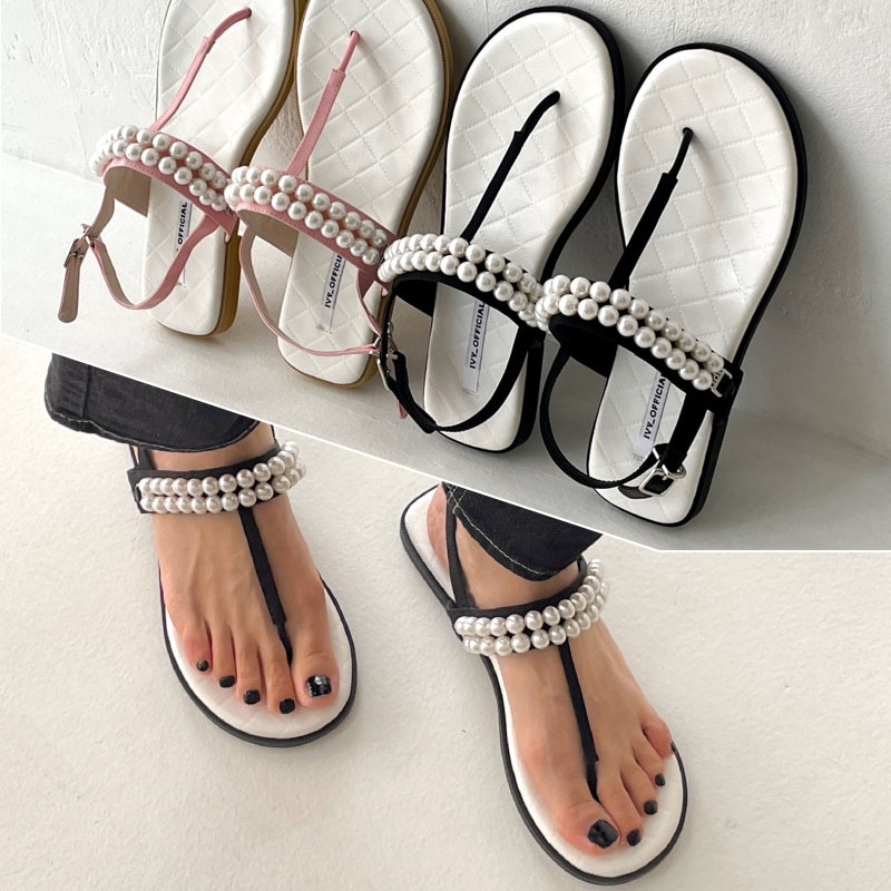 2color 女性らしい, 可愛い パール付き バックストラップ付き インソールキルティング Tストラップ ローヒール デイリー トングサンダル
