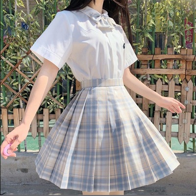 Jk制服のスカートのスーツのフルセットの正式な日本の制服の夏の学院の風の半袖のシャツのセーラー服の百しわのスカート
