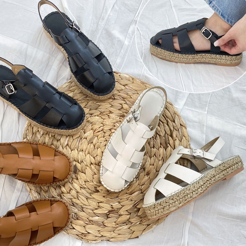 カジュアルな 編み込み ストラップ バックストラップ付き ラタン素材 エスパドリーユ デイリーサンダル 3color