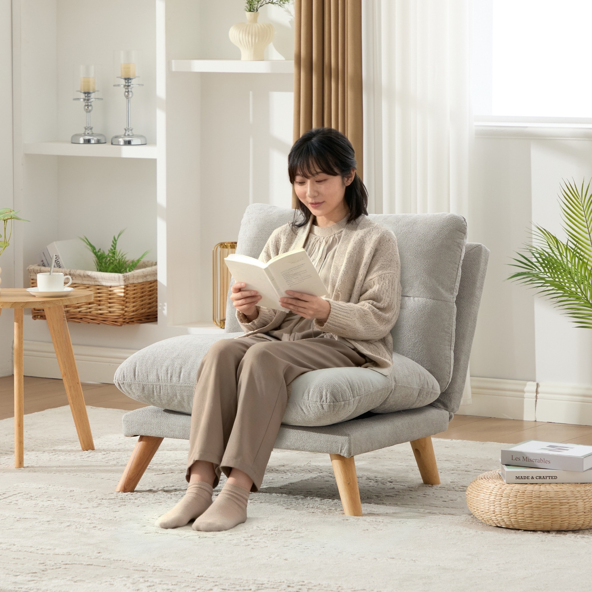 【送！料無！料　30日保証】一人掛け ソファ 座椅子 リクライニング 折りたたみ コンパクト 幅68cm 低反発 メモリーフォーム ふわふわ シェニール生地 無垢材フレーム 90160角度調節