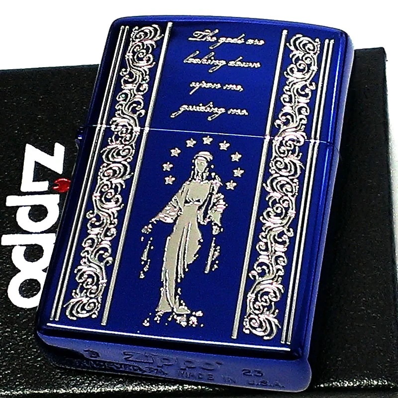 ZIPPO ライター マリア ジッポ ブルー＆シルバー AveMaria 青銀 エッチング彫刻 御守り おしゃれ かっこいい メンズ レディース ギフト プレゼント
