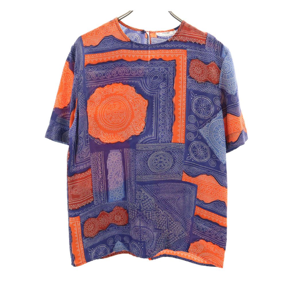 フランス製 総柄 半袖 カットソー ブルー系 バックボタン レディース
