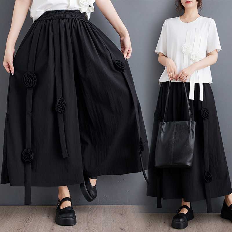 「ファットガール」 2024夏今週の割引は 25% オフです キュロットスカート ワイドパンツ 花飾り ゴム 体型カバー 大きいサイズ ゆったり レディース