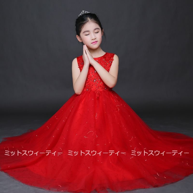 ピアノ発表会 子供ドレス 花飾り ロングドレス キッズドレス 女の子 レッド フォマールドレス ガー