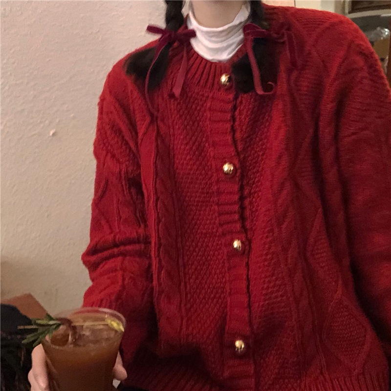 新年のクリスマスの赤い麻の花のセーターのコートの女性の季節の新型のレトロでゆったりしていてやせて見 レディースファッション