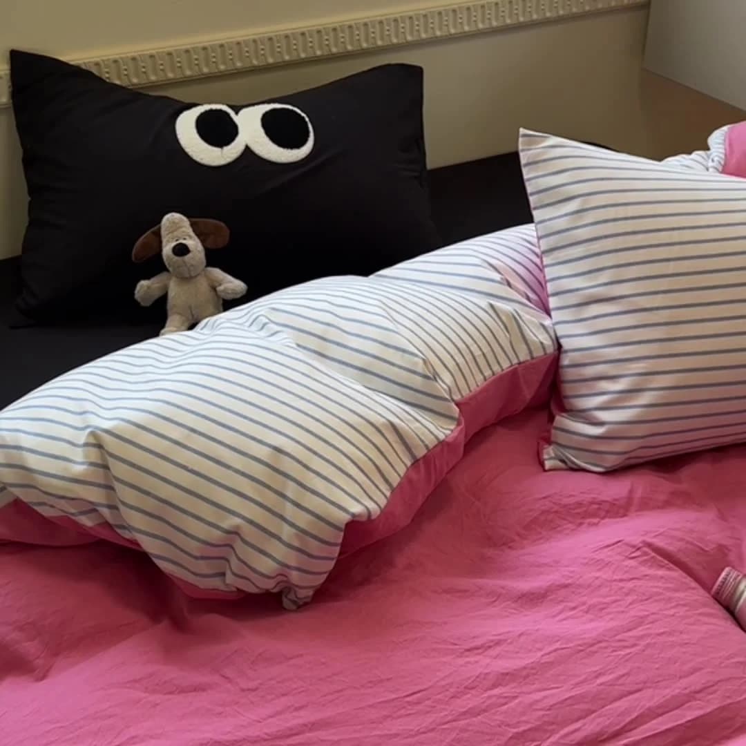 日系 可愛い 綿 4点セット シンプル ストライプ シーツ 両面 抗菌 布団カバー 枕 カバー 寝具