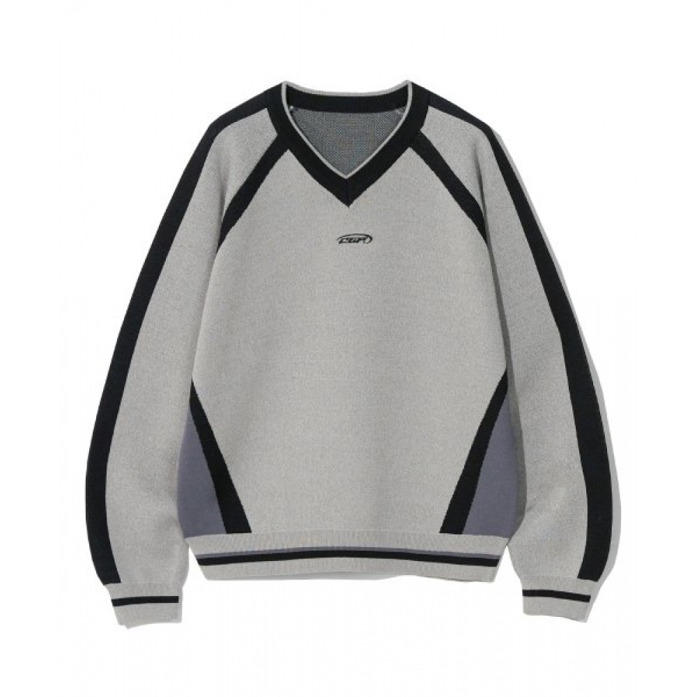 CODEGRY CGPラインオーバーフィットカラー Vネックニット_メランジグレー