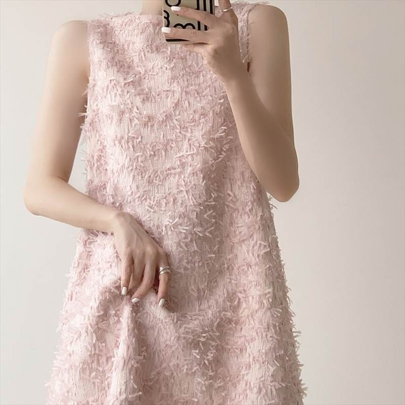 レディース ワンピース ドレス ショート ノースリーブ ラウンドネック Aライン ファスナー 大人可愛い きれいめ 上品 おしゃれ ラフ ガーリー クール エレガント 存在感 フォーマル 都会的 ナチ